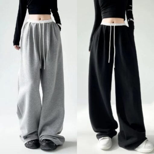 Trendy Women's High-Waisted Korean Style Sweatpants with Drawstring - Available in Black & Grey - Image 5