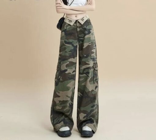 Trendy Women's Loose Camouflage Dress & High Waist Straight Pants: Stylish Handcuffed Pants for Hot Girls