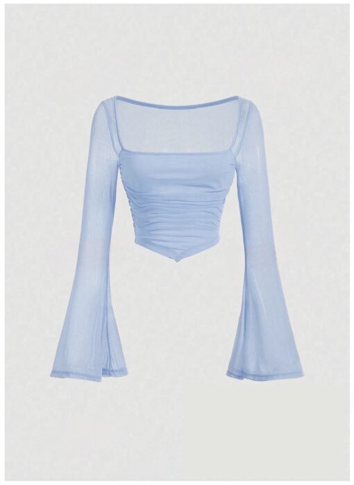 Baby Blue Square Neck Trumpet Sleeve Ruched Hanky Hem Crop Top