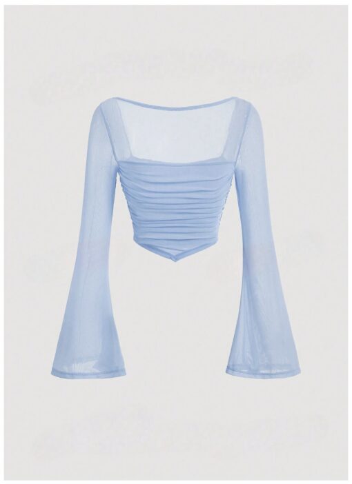 Baby Blue Square Neck Trumpet Sleeve Ruched Hanky Hem Crop Top - Image 2