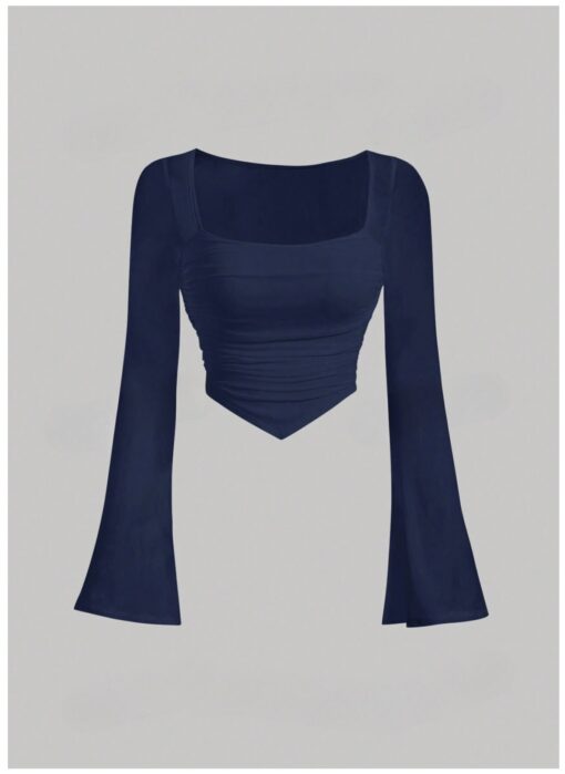 Navy Blue Square Neck Ruched Crop Top with Flare Sleeves – Asymmetrical Hanky Hem