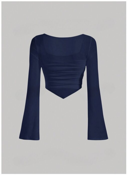 Navy Blue Square Neck Ruched Crop Top with Flare Sleeves – Asymmetrical Hanky Hem - Image 2