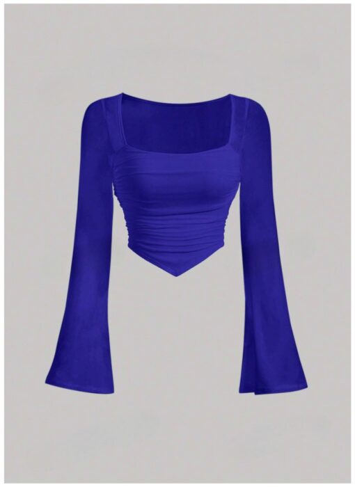 Royal Blue Square Neck Flounce Sleeve Ruched Crop Top – Slim Fit Hanky Hem Tee