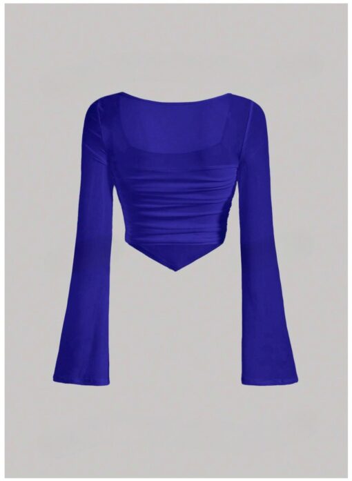 Royal Blue Square Neck Flounce Sleeve Ruched Crop Top – Slim Fit Hanky Hem Tee - Image 2