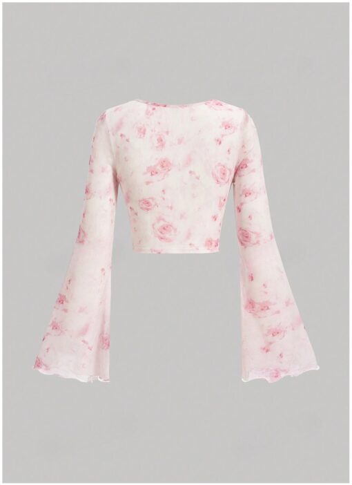 Baby Pink Floral Sweetheart Collar Flare Sleeve Crop Top - Image 2