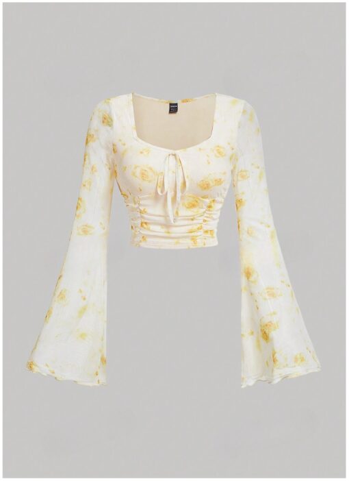 Yellow Floral Print Ruffle Hem Bell Sleeve Crop Top, Sweetheart Neck