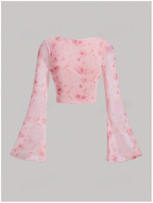 Pink Tie Dye Knot Front Crop Top, Flounce Sleeves - Image 2