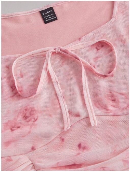 Pink Tie Dye Knot Front Crop Top, Flounce Sleeves - Image 3