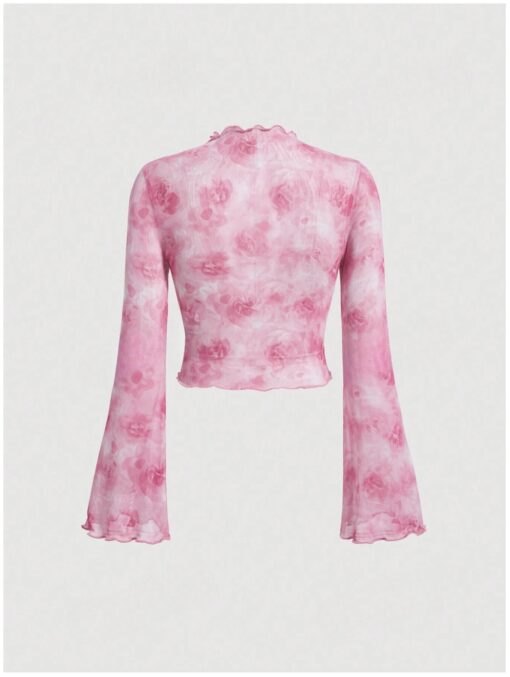 Floral Print Tie Dye Bell Sleeve Top, High Neck, Ruched Detail, Pink Blouse - Image 2