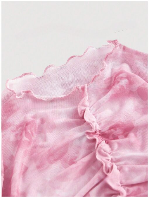 Floral Print Tie Dye Bell Sleeve Top, High Neck, Ruched Detail, Pink Blouse - Image 3