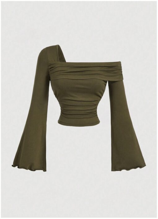 Asymmetric Neck Ruched Flare Sleeve T-Shirt, Olive Green Casual Top, Long Sleeve Women’s Top