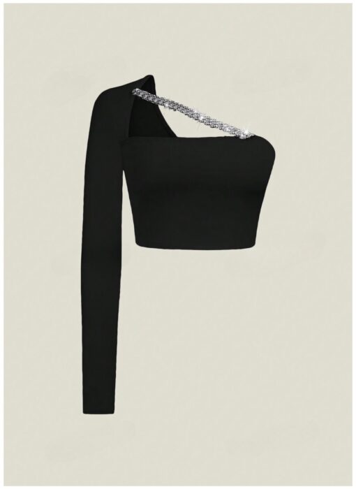 Asymmetrical Slim Fit Black One Shoulder Top with Chain & Rhinestone Decoration - Image 3