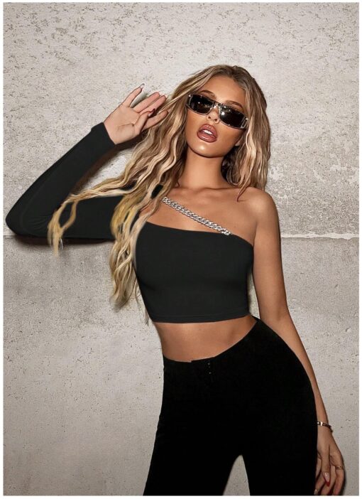 Asymmetrical Slim Fit Black One Shoulder Top with Chain & Rhinestone Decoration