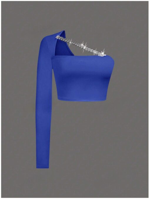 Asymmetrical Slim Fit Blue One Shoulder Top with Chain & Rhinestone Decoration - Image 3