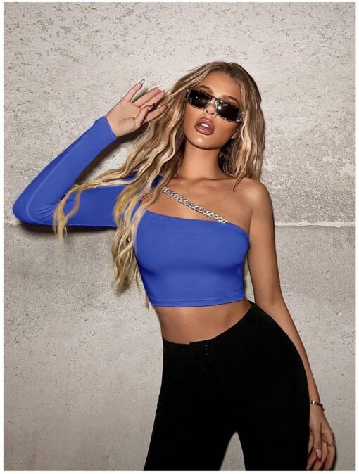 Asymmetrical Slim Fit Blue One Shoulder Top with Chain & Rhinestone Decoration